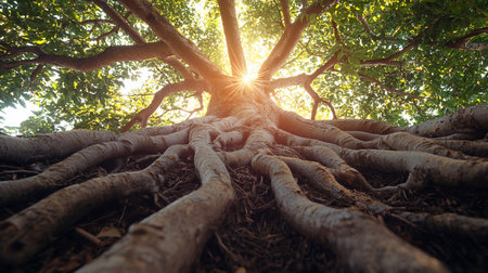 Low-angle shot of a tree with exposed roots, reaching towards the sky. Sunlight filters through the green canopy, creating a sunburst effect. The roots spread across the ground.の素材