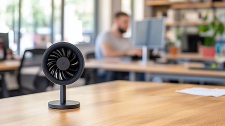 A modern black desk fan sits on a wooden desk in a bright office, with a blurred man working at a computer in the background. Focus on clean design and workplace comfort.の素材