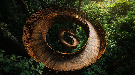 Aerial view of a spiral wooden walkway winding through a dense, green forest canopy. The structure blends seamlessly with the natural environment, creating a unique perspective.の素材