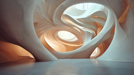 Abstract architectural interior featuring flowing, organic forms in white and beige tones. Light streams through openings, creating a sense of spaciousness and modern design.の素材