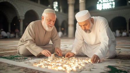 Two elderly Muslim men, dressed in traditional attire, collaborate on building a structure with glowing blocks inside a mosque, symbolizing unity and faith.の素材