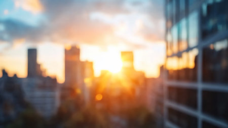 Blurred cityscape at sunrise, bathed in golden light. Buildings are silhouetted against a vibrant sky, creating an abstract and dreamy urban scene.の素材