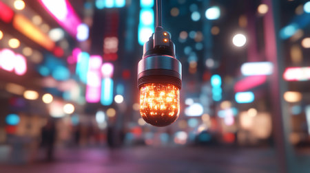 A suspended amber light fixture illuminates a blurred urban nightscape, creating a bokeh effect with vibrant pink, blue, and white lights. The scene evokes a sense of modern city life.の素材