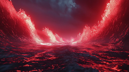 An abstract landscape featuring powerful ocean waves rendered in vibrant red hues, illuminated against a dark, stormy sky. The dynamic composition creates a sense of drama and intensity.の素材
