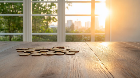 A pile of golden coins rests on a wooden table, illuminated by the bright morning sun streaming through a window with a cityscape view.の素材