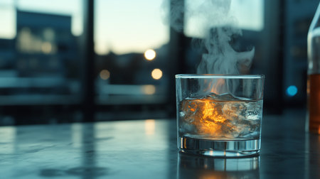 A glass of whiskey on ice steams against a blurred urban backdrop, illuminated by a golden glow. The scene evokes a sense of relaxation and sophistication in a modern setting.の素材