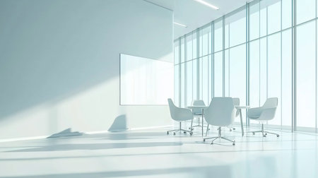 A bright, minimalist conference room features white chairs around a table, bathed in sunlight streaming through large windows. The clean, modern design creates a serene, professional atmosphere.の素材