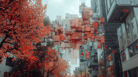 A surreal cityscape featuring a building seemingly disintegrating into pixelated blocks, juxtaposed with vibrant autumnal trees in shades of red and orange.の素材