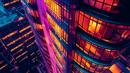 A low-angle shot captures the dynamic architecture of modern buildings at night, illuminated with vibrant pink and orange lights, creating a surreal, futuristic cityscape.の素材