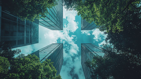 A low-angle shot captures four skyscrapers framed by trees, creating a cross shape. The sky is filled with clouds, adding depth to the urban landscape.の素材