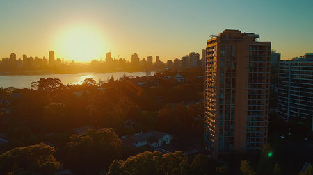A breathtaking aerial view of Perth, Australia, bathed in the warm glow of sunset. The Swan River reflects the golden light, with the city skyline and modern buildings silhouetted against the sky.の素材