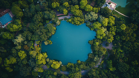 Bird's-eye view captures a tranquil lake encircled by dense, vibrant green trees, creating a peaceful oasis with winding paths and a building in the distance.の素材