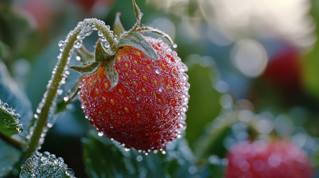 A macro shot captures a ripe strawberry adorned with glistening dew drops, highlighting its vibrant red color and intricate texture against a soft, blurred green background.の素材
