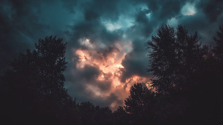 A dramatic low-angle shot of fiery orange clouds breaking through a dark, stormy sky, framed by silhouetted trees at twilight, creating a moody and atmospheric scene.の素材