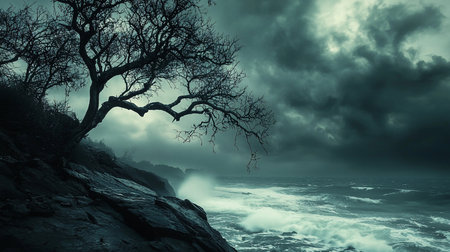 A stark, bare tree clings to a rocky cliffside as waves crash against the shore under a dark, stormy sky. The scene evokes a sense of isolation and the power of nature.の素材