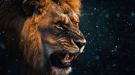 A powerful lion roars fiercely in a winter storm, its face covered in snowflakes. The close-up shot captures its intense gaze and sharp teeth against a dark background.の素材