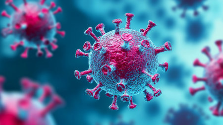 Detailed 3D rendering of a coronavirus particle, showcasing its distinctive spike proteins in pink against a blue background, highlighting the structure of the virus.の素材