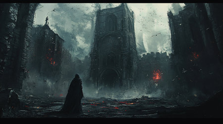 A cloaked figure stands before a ruined gothic city, dominated by a towering cathedral. The scene is dark, with fires burning and birds circling in the ominous sky.の素材