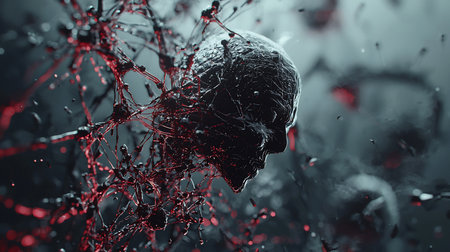 Abstract digital art featuring a dark, textured skull intertwined with vein-like structures highlighted with dark red accents, set against a blurred, moody background.の素材