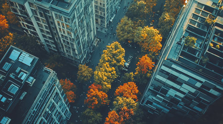 An aerial perspective captures a city street lined with modern buildings and vibrant autumn trees.の素材