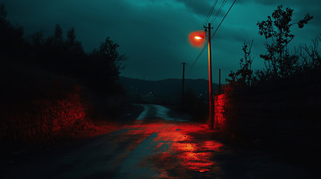 A winding road at night, illuminated by a single, intense red streetlight. The wet pavement reflects the light, creating a dramatic, eerie atmosphere under a dark, cloudy sky.の素材