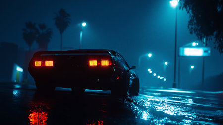 Rear view of a classic car with glowing tail lights parked on a wet city street at night. Moody blue lighting, palm trees, and reflections create a nostalgic atmosphere.の素材