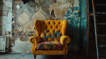 A vibrant yellow armchair with floral patterns stands out against a distressed wall with peeling paint and a rustic ladder, creating a vintage, atmospheric interior scene.の素材