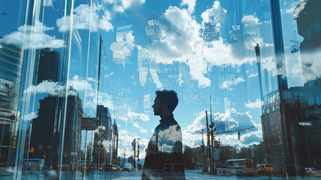 A man's silhouette is captured in a glass reflection, merging with the cityscape and sky. The image creates a surreal, dreamlike effect, blending urban life with nature.の素材