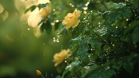 A serene close-up captures yellow roses adorned with glistening dewdrops, bathed in soft, diffused sunlight, creating a tranquil and refreshing atmosphere in a lush green garden.の素材