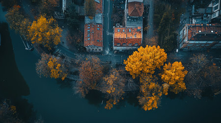 An aerial shot captures buildings with red roofs and vibrant autumnal trees reflecting in dark water, creating a moody and picturesque urban landscape.の素材