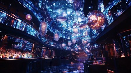 Interior view of a luxurious nightclub featuring a mirrored ceiling adorned with disco balls and chandeliers, creating a dazzling display of light and reflections.の素材
