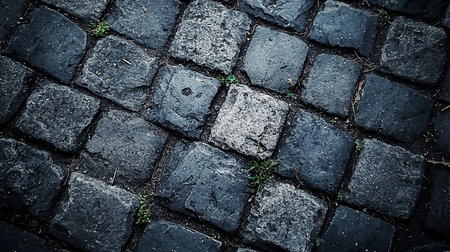 A close-up captures a cobblestone path, featuring dark, textured stones with small patches of green plants growing between them, creating a contrast of nature and urban elements.の素材