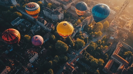 A high-angle shot captures several vibrant hot air balloons floating above a European city, bathed in the warm glow of sunrise, creating a picturesque and serene scene.の素材