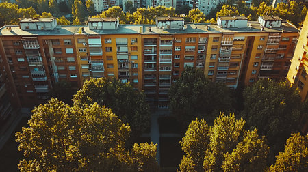 Aerial shot of a large, yellow and brown residential building complex, nestled among vibrant green trees in an urban setting, bathed in warm sunlight.の素材