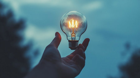 A hand gently holds a glowing lightbulb, symbolizing innovation and inspiration, set against a soft, blurred blue background, creating a dreamy, ethereal atmosphere.の素材