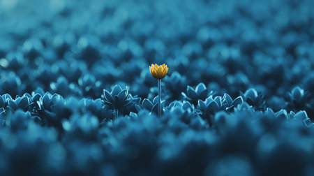 A solitary golden flower rises above a sea of blue, stylized lotus-like buds. The composition highlights contrast and uniqueness in a serene, dreamlike setting.の素材