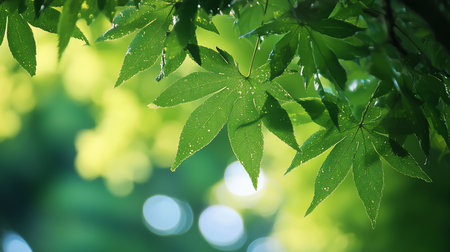 Close-up of vibrant green maple leaves with water droplets, bathed in sunlight. The bokeh background creates a soft, dreamy atmosphere, highlighting the freshness of nature.の素材