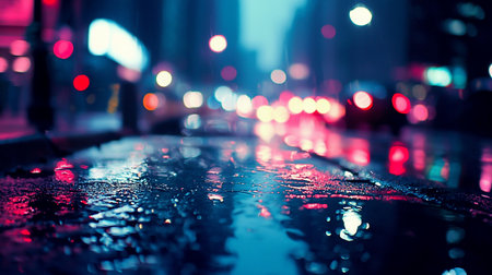 Moody night scene of a wet city street reflecting vibrant red and blue lights. Bokeh effect creates a dreamy, abstract atmosphere. Raindrops add texture and depth.の素材