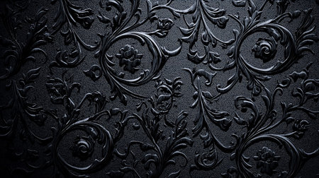 A detailed close-up showcases an embossed black floral pattern, featuring roses and leaves, set against a subtly textured background with dramatic lighting and shadow effects.の素材