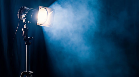 A studio spotlight on a stand illuminates a dark blue background with a hazy, ethereal glow, creating a dramatic and atmospheric scene.の素材