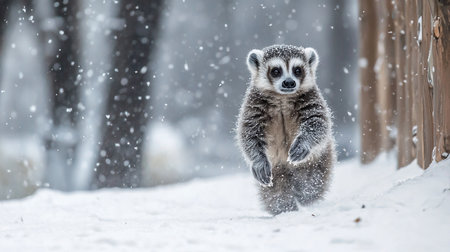 A charming raccoon cub stands upright in a snowy landscape, snowflakes falling gently around it. The soft, diffused light enhances the winter scene's serene and magical atmosphere.の素材