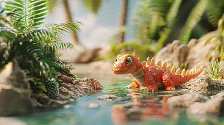 A cute, orange dinosaur toy with white spots sits in shallow water near lush tropical foliage, creating a playful and inviting scene with vibrant colors and detailed textures.の素材