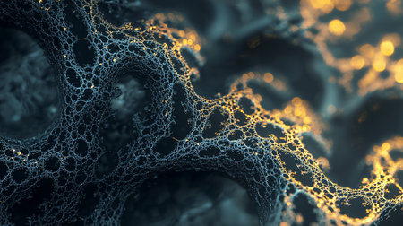 Abstract image featuring a complex, interconnected network structure with golden highlights against a dark, moody background. The intricate web-like pattern creates a sense of depth and mystery.の素材