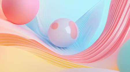 Abstract 3D render featuring pastel spheres and flowing waves in shades of pink, blue, and yellow. Soft lighting creates a dreamy, ethereal mood, perfect for modern design.の素材