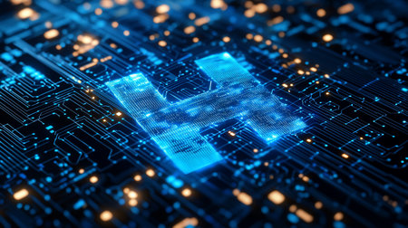Abstract digital art featuring a glowing blue 'H' formed by dots on a circuit board with intricate lines and warm orange highlights, creating a futuristic tech aesthetic.の素材