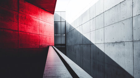 Abstract architectural shot featuring a red concrete wall juxtaposed with a gray one, divided by a sleek railing. Strong shadows and geometric lines create a modern, minimalist aesthetic.の素材