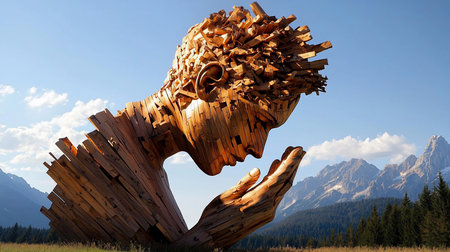 The "Vaia's Thinker" sculpture, crafted from wood by Martalar, stands in the Dolomites, Italy. The artwork depicts a contemplative figure, blending art with the natural landscape.の素材