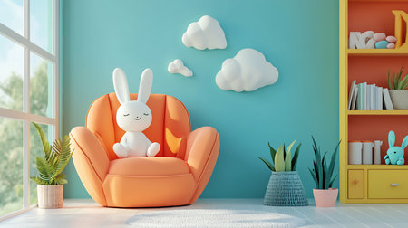 A charming room features a white bunny toy in an orange chair, cloud wall decor, and a yellow bookshelf. Plants add a touch of nature to the bright, cheerful space.の素材
