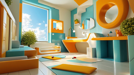 A surreal, brightly lit interior featuring geometric furniture in turquoise and orange hues. A large window reveals a clear sky, enhancing the room's playful and modern aesthetic.の素材