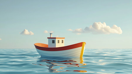 A minimalist scene featuring a small, colorful boat floating on calm, rippling water under a pastel blue sky with soft clouds, creating a peaceful and serene atmosphere.の素材